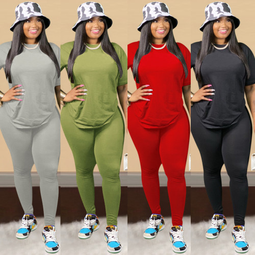 Plus size women's sexy casual fashion solid color round neck two-piece nightclothes
