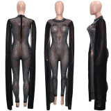 Fashion sexy mesh see-through hot drill sleeve halter jumpsuit