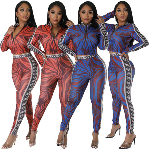 Personalized printed V-neck long-sleeved fashion casual pants set