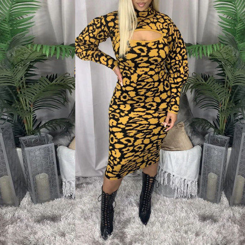 Fashion casual leopard print mid-high neck dress