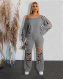 Solid color hole loose-fitting sweater two-piece suit