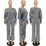 Solid color hole loose-fitting sweater two-piece suit