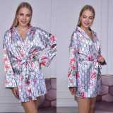 Printed lace-up mid-length robe loungewear
