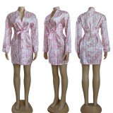 Printed lace-up mid-length robe loungewear