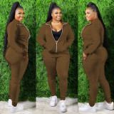 Solid Color Zipper Pocket Long Sleeve Jacket Trousers Sports Two-piece Set