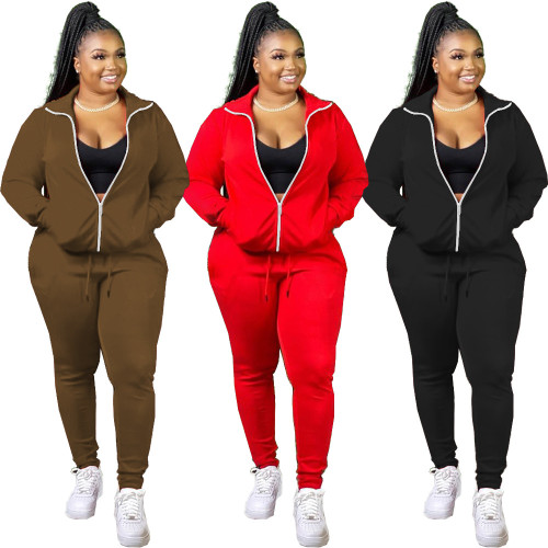 Solid Color Zipper Pocket Long Sleeve Jacket Trousers Sports Two-piece Set