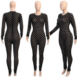 Sexy hollow out burned flower hole zipper solid color long sleeve tight jumpsuit