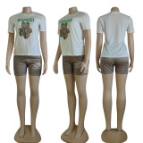 Slim short-sleeved embroidered top + embroidered shorts ladies two-piece set