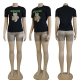 Slim short-sleeved embroidered top + embroidered shorts ladies two-piece set