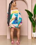 Plus Size Women's Sexy Loose One Shoulder Printed Bat Sleeve Dress