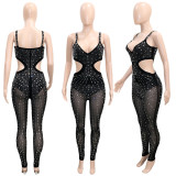 Fashion sexy mesh see-through hot drill sleeveless camisole jumpsuit