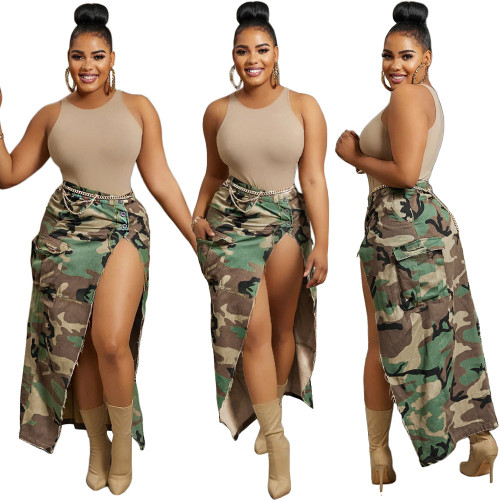 Casual camouflage print large pockets open mid-length half-body skirt