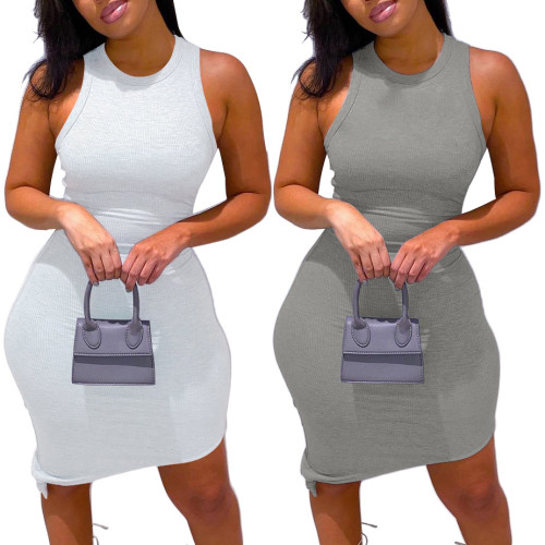 Knitted plus size temperament commuter solid color sleeveless irregular dress
