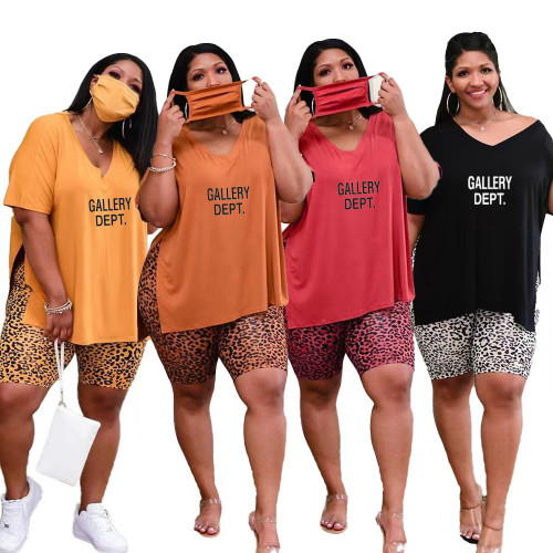 Plus size women's open leopard print letters two-piece set without masks