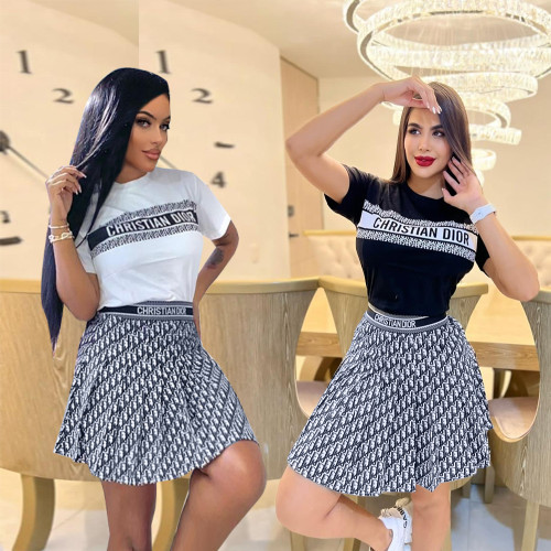Fashion stamping two-piece sexy small pleated wave skirt set