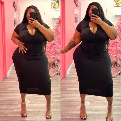 Plus size dress solid color V-neck fashion casual skirt