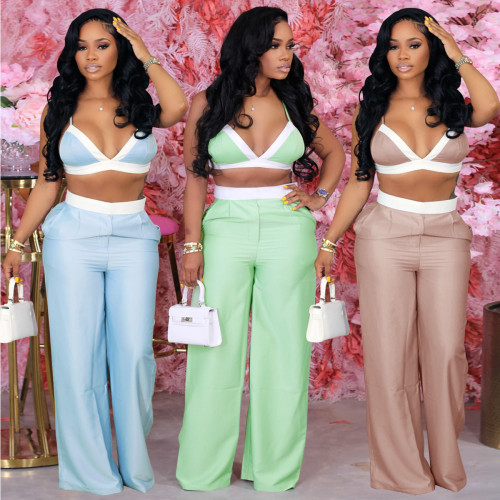Spring and summer wide sexy bra loose straight dragging pants set high waist wide leg pants two-piece set