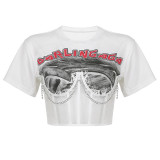 2023 summer new fashion irregular mesh stitching letters printed short chain T-shirt top
