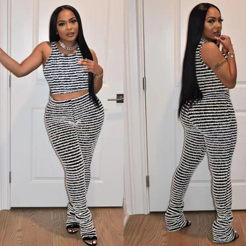 Knitted striped sexy undershirt slim pants set two-piece