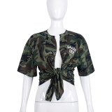 Camouflage gum paste sexy hollow short-sleeved T-shirt