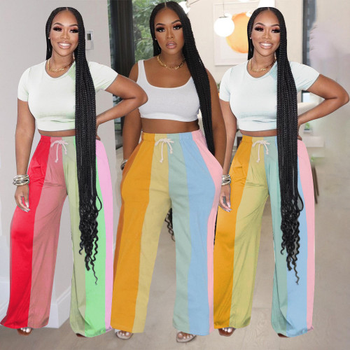 Trendy women's casual pants positioning printed rainbow stripes women's pants