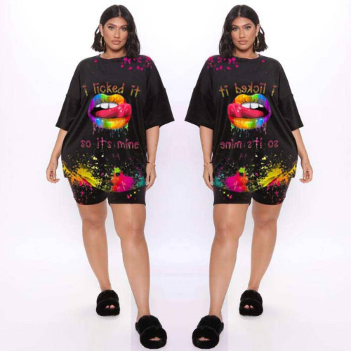 Plus size women's high quality cotton fashion lips printed two-piece suit