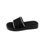 2023 summer new large size a word rhinestone flat bottom slippers female rip rip outside wear sandals female slippers