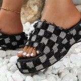2023 summer new washed denim plaid thick bottom one word slippers female Europe and the United States 43 yards muffin bottom sandals