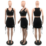 Pit strip high elasticity sense V-neck waistless drawstring embroidery skirt set