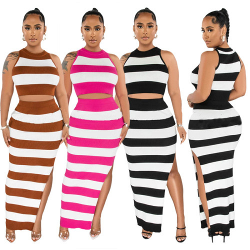 Striped print slit half-body skirt two-piece suit