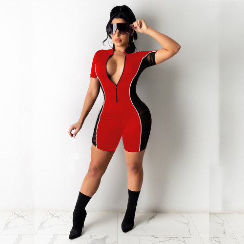 Fashion casual sexy solid color patchwork mesh zipper pullover slim short-sleeved jumpsuit