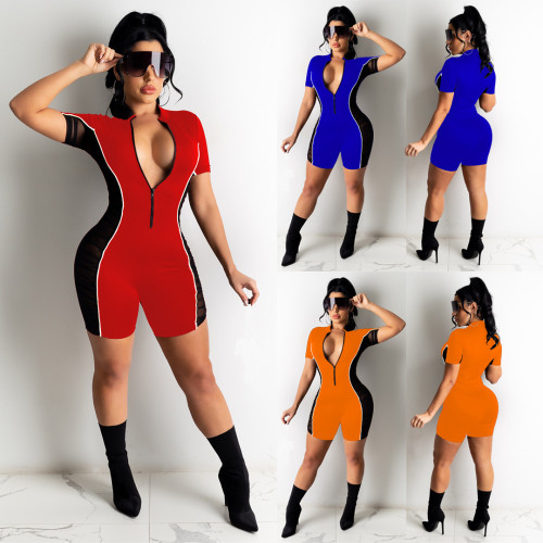 Fashion casual sexy solid color patchwork mesh zipper pullover slim short-sleeved jumpsuit