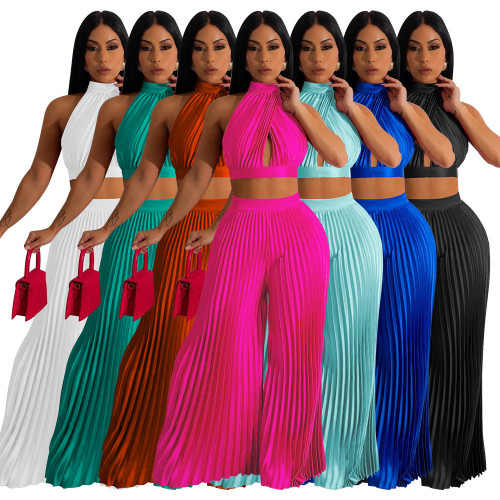 Hanging neck backless simulation silk pressed pleated wide leg pants two-piece set