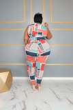 Plus size colorful graphic print slimming two-piece suit