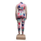 Plus size colorful graphic print slimming two-piece suit