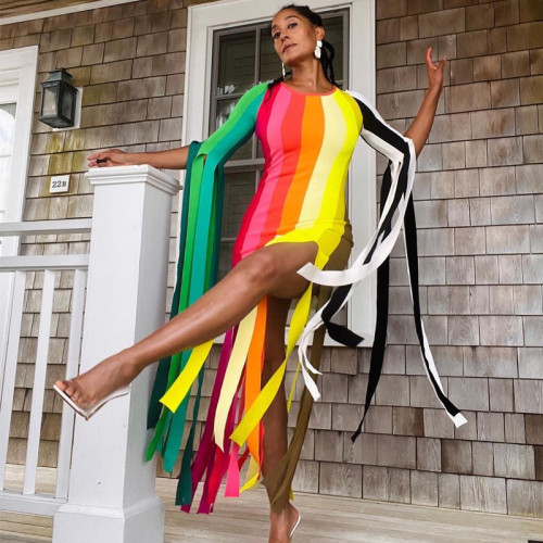 Fashion rainbow color print floating belt tassel tight dress