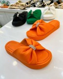 Round head thick bottom pleated butterfly slippers female large size rhinestone flat bottom sandals
