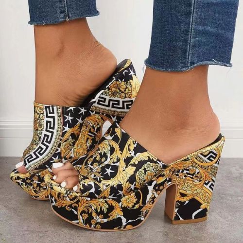 Round head with thick with a word flip-flops large size satin embroidered leopard print high-heeled sandals