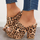 Round head with thick with a word flip-flops large size satin embroidered leopard print high-heeled sandals