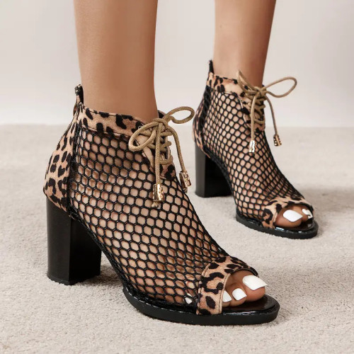 Round head thick with the front lacing thick with leopard print sandals large size hollow Roman high heels