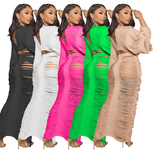 Casual knitted hollow long-sleeved dress set