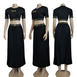 Fashion casual embroidery short-sleeved suit (top + pleated skirt)