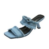 Denim one word high heeled sandals female square head fine with fashion slippers
