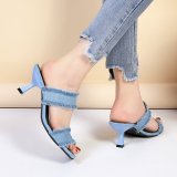 Denim one word high heeled sandals female square head fine with fashion slippers