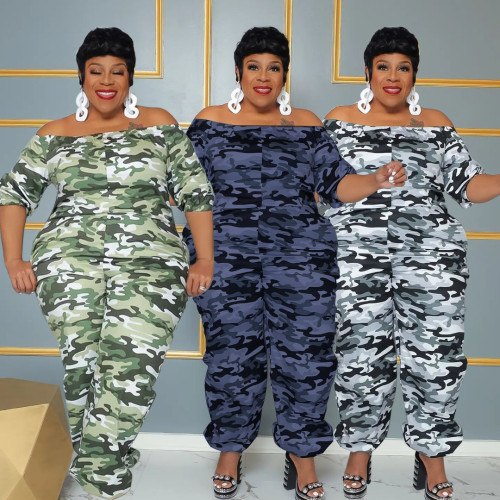Plus size women's fashion camouflage print one-piece neck women's jumpsuit