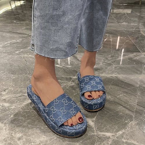 Sandals embroidered flip-flops print heightening thick bottom casual one letter sandals