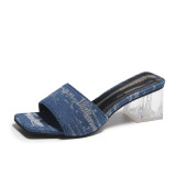New brushed denim square head a word high-heeled slippers Europe and the United States large size thick with sandals