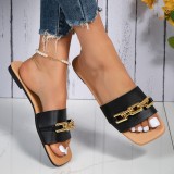Square-headed metal chain one-piece flip-flops female large size flat bottom casual outer wear sandals