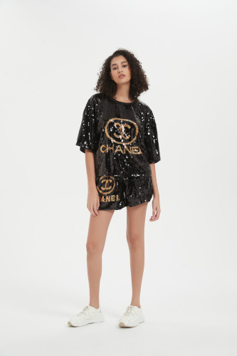 Short Sleeve Sexy Heavy Sequins Loose Summer Suit