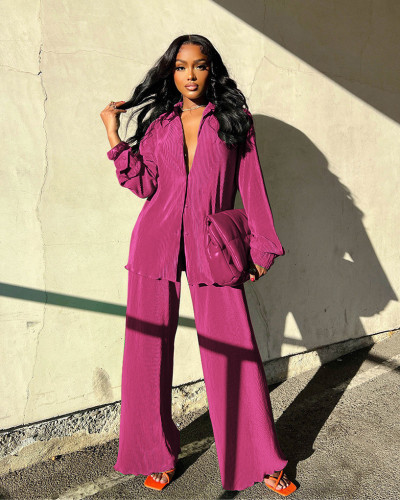 Solid Color Pleated Long Sleeve Suit